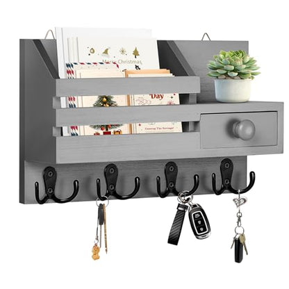 Key Holder Wall Mount, Wooden Key and Mail Organizer, Gray - color: Gray