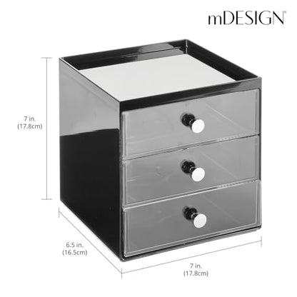 mDesign Makeup Organizer Storage Station Cube with 3 Drawers for Bathroom Vanity, Cabinet, Countertops - Holds Lip Gloss, Eyeshadow Palettes, Brushes, Blush, Mascara - Black/Clear - color: Black/Clear