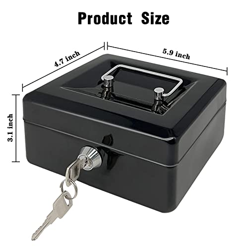 Steel Cash Box with Key Lock, Metal Small Money Organizer with Money Tray,Cash Storage Box with Lockable Cover (Black - 6 inch) - color: Black - 5.9" x 3.1" x 4.7"