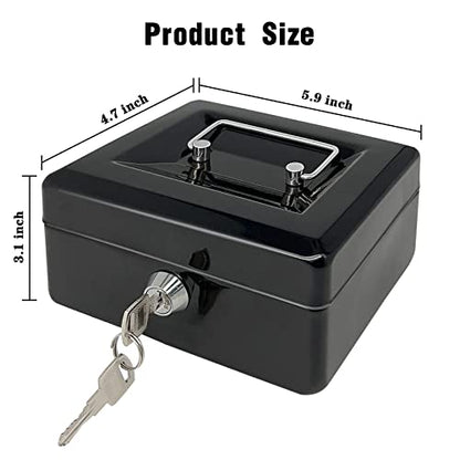 Steel Cash Box with Key Lock, Metal Small Money Organizer with Money Tray,Cash Storage Box with Lockable Cover (Black - 6 inch) - color: Black - 5.9" x 3.1" x 4.7"
