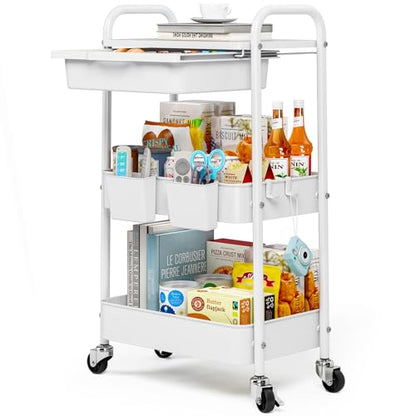 KINGRACK 3 Tier Metal Rolling Cart with Drawer, White Utility Storage Cart - color: White