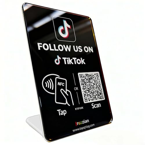 Follow Us Sign for TikTok (Large Size: 6.3 in ×4.45 in) – NFC QR Code Social Media Tap Card Stand, Reusable Tap or Scan, No App or Fees, Easy Setup, Social Media Sign Counter Display - size: Standard, style: TK Stand