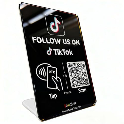 Follow Us Sign for TikTok (Large Size: 6.3 in ×4.45 in) – NFC QR Code Social Media Tap Card Stand, Reusable Tap or Scan, No App or Fees, Easy Setup, Social Media Sign Counter Display - size: Standard, style: TK Stand