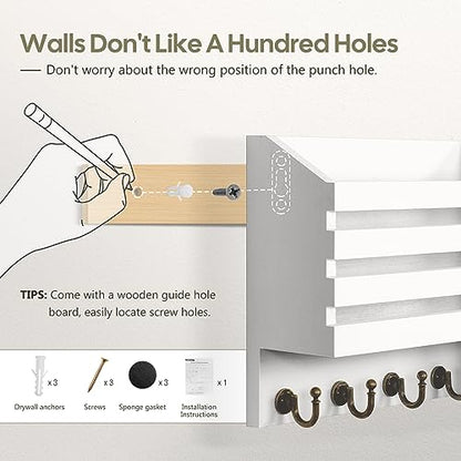FifthQuarter Mail Holder Wall Mount with 2 Mail Slot and 4 Sturdy Hooks - color: C-White