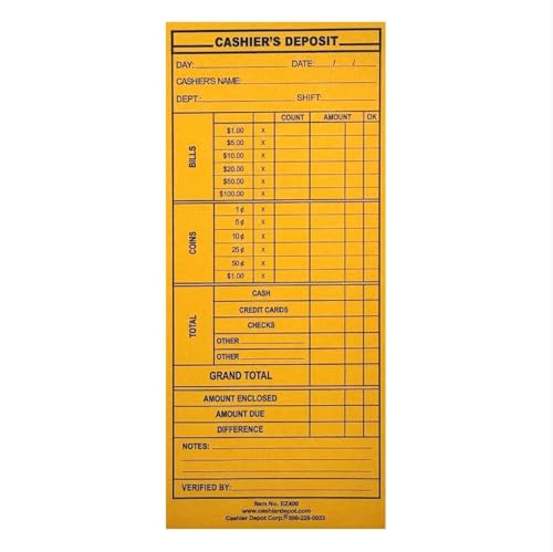 100 Cashier Depot EZ400 Cashier's Deposit Report Envelope, 4 1/8" x 9 1/2", Sturdy 24lb. Paper, Gum Flap,100 Envelopes (Brown Kraft))