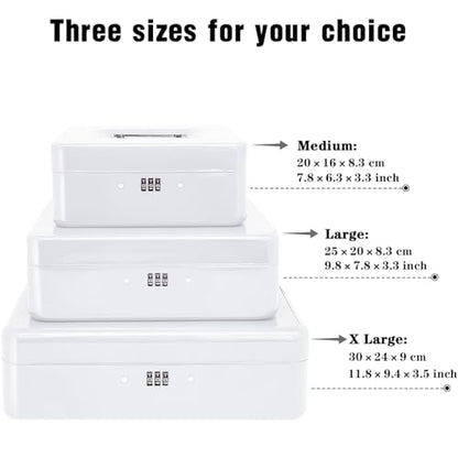 Steel Cash Box with Key Lock, Metal Small Money Organizer with Money Tray,Cash Storage Box with Lockable Cover (White- 11.8" x 9.4" x 3.5") - color: White- 11.8" x 9.4" x 3.5"
