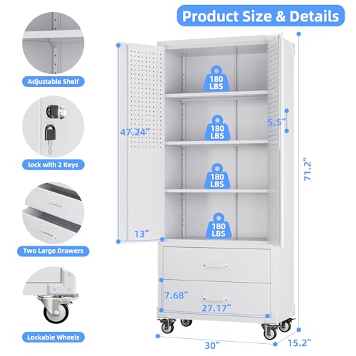 Metal Garage Storage Cabinet with Wheels, 2 Drawers and Pegboard, White - color: White, size: 15.2"D x 30"W x 71.2"H