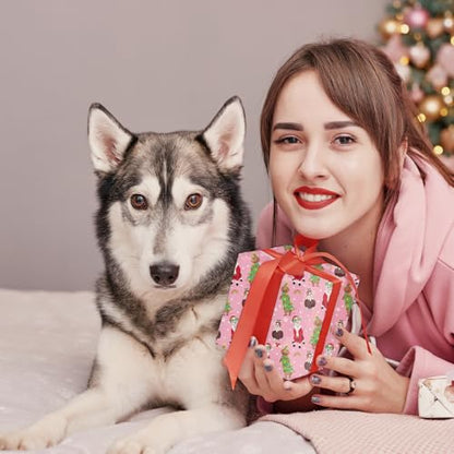 ZINTBIAL Dog Christmas Reversible Wrapping Paper Roll - Gift Wrap with Pink Polka Dots on Reverse - Perfect for Holidays, Pet Lovers & Christmas Gifting - 17.5 in x 33 ft (48 sq. ft) - color: Pink-Christmas