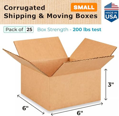 Small Moving & Shipping Boxes 6"L x 6"W x 3"H (25-Pack) - Extra Strength 200 lb vs Regular - Corrugated Moving Box, Made in USA - Small Cardboard Box - Moving Box Heavy Duty by IDL Packaging - size: 6 * 6 * 3" (Small Boxes)