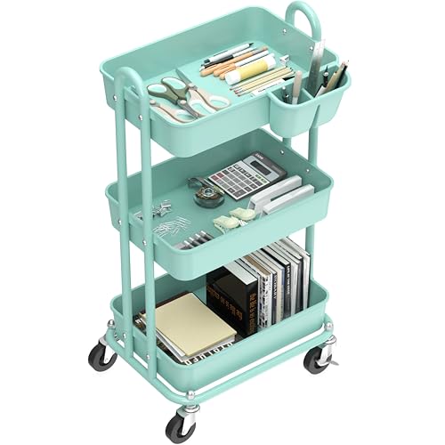 Simple Houseware 3-Tier Rolling Utility Cart with Hanging Bucket, Turquoise - color: Turquoise, size: 3-Tier