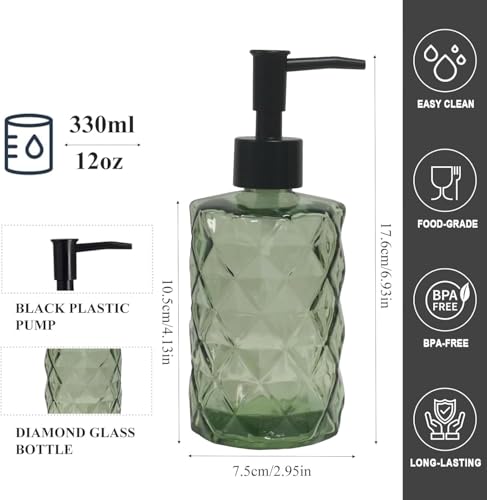 12Oz Small Glass Soap Dispenser with Black Plastic Pump, Green Refillable Kitchen Countertop Liquid Hand Soap Dispensers with Diamond Design, Crystal Bathroom Lotion Bottle for Dish Soap, 2 Set - color: 2 Pack Diamond Green
