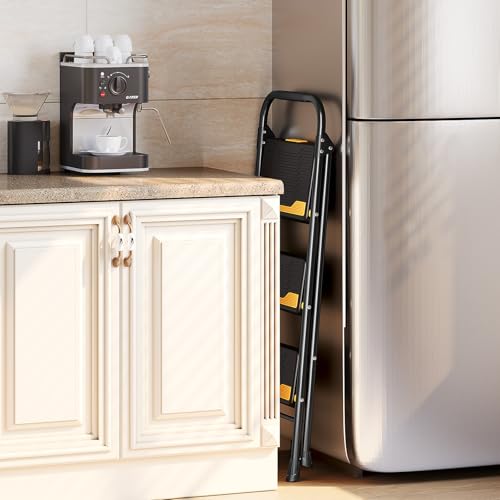 Urackify 3 Step Ladder, Heavy-Duty 800lb Capacity, Wide Anti-Slip Steps & Secure Handrail Compact, Folding Step Stool Portable Design for Home, Kitchen, Office, Pantry, Closet Use, Black - size: 3-step