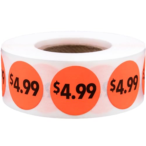 Fluorescent Red 4.99 Circle Dot Stickers, 3/4 Inch Round Price Labels, 500 Total Adhesive Stickers on a Roll for Retail Pricing, Inventory, Sales, and Promotions – Made in The USA - color: $4.99