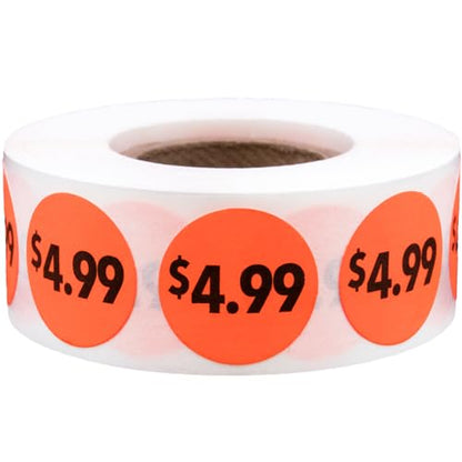 Fluorescent Red 4.99 Circle Dot Stickers, 3/4 Inch Round Price Labels, 500 Total Adhesive Stickers on a Roll for Retail Pricing, Inventory, Sales, and Promotions – Made in The USA - color: $4.99
