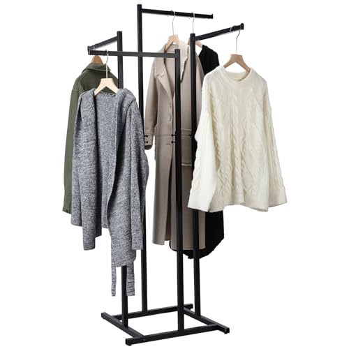 Shimeyao Retail Clothing Rack Clothing Display Stand for Hanging Sturdy Clothes Rack Heavy Duty T Shirt Display Racks for Vendor Boutiques 4 Way Clothes Stand with Straight Arms Square Tubing(Black)