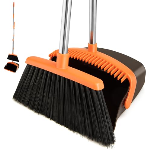 Broom and Dustpan Combo Set,Long Handle, Brown Orange - color: Brown Orange 1-pack