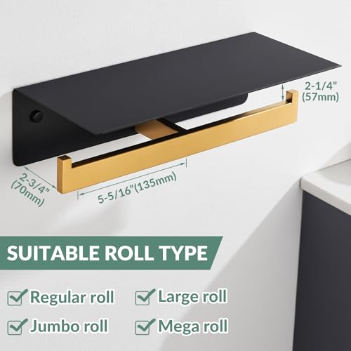 APLusee Double Toilet Paper Holder with Shelf, Black Gold, Wall Mounted - color: Black With Gold, size: Double Rod