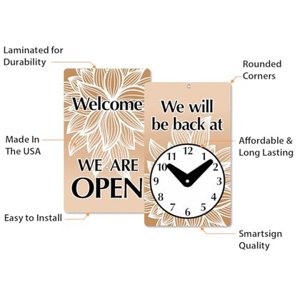 SmartSign “We Will Be Back - Welcome We are Open” Two-Sided Be Back Clock Sign | 7.75" x 4.75" Plastic - color: 4.75" x 7.75"