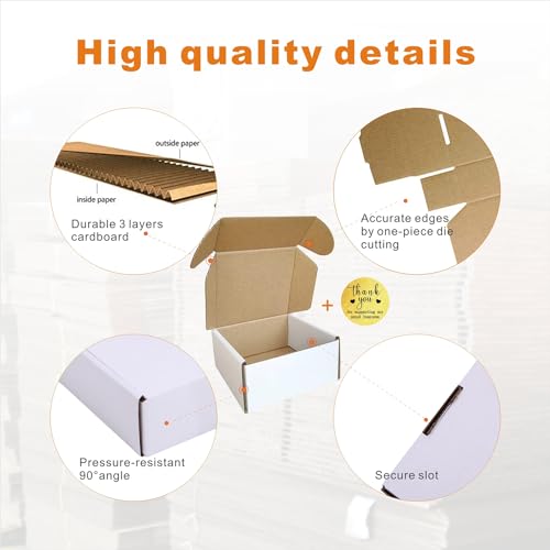 50 Pack 4x4x2'' Small Shipping Boxes, Corrugated Cardboard Mailers for Business, with Thank you stickers, White (CM442-TKS)