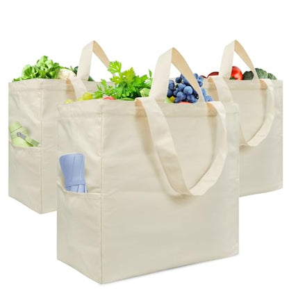 Canvas Tote Bag, Heavy Duty Reusable Grocery Bags with Pockets, Large Shopping Bags for Groceries (3 Pack)