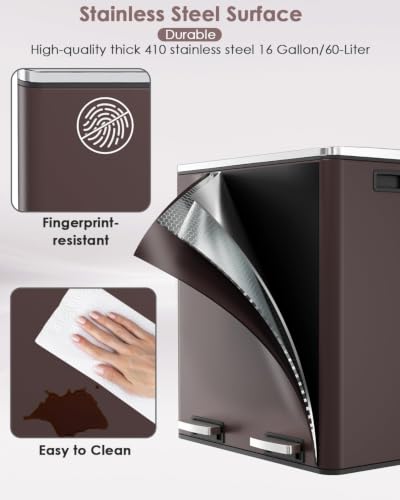 60L(16 Gal) Dual Trash Can, Stainless Steel Kitchen Garbage Can, Double Compartment Classified Rubbish Bin, Recycle Dustbin w/Plastic Inner Buckets, Handle, Soft-Close Lid, Airtight, Brown - color: Brown