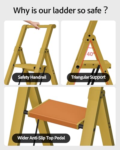 Taranta 3 Step Ladder,Aluminum Step Stool Foldable-Twilight Yellow - color: Twilight Yellow, size: 3 Step