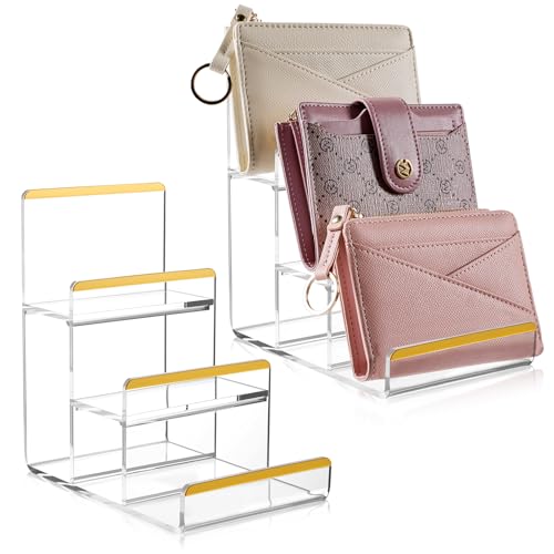 2 Pack 3-Tier Acrylic Wallet Display Stands, Gold Trim Purse Display Stand - size: 3 Tier (2 Pack)
