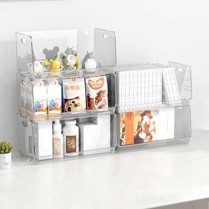 Nicunom 2 Pack Stackable Plastic Storage Bins Open Front, Clear Pantry Organizer Bin Household Food Storage Bin for Kitchen Countertops Cabinet Shelf