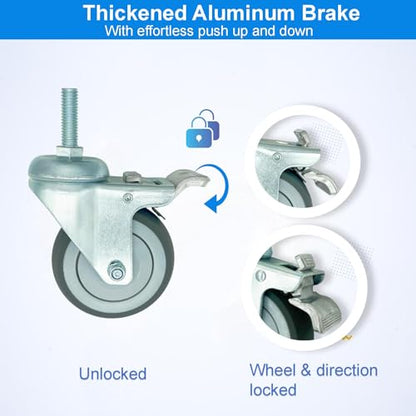4 inch Swivel Caster Wheels Heavy Duty, 1/2" x13-1-1/2 Threaded Stem Casters Set of 4, TPR Rubber Wheels for Hospital, Lab, Furnitures,Restaurant - color: Grey TPR, size: 1/2"-13x1-1/2", style: 4 no brake