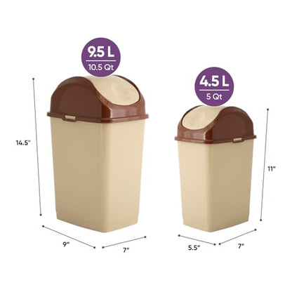 Superio Mini 1.25 Gallon and Small 2.5 Gallon Plastic Trash Cans with Swing Top Lid, Grey Waste Bin for Countertop, Desk, Vanity, Bathroom, 2 Pack (Beige/Brown) - size: 1.25 and 2.5 Gallon, style: 2 Pack