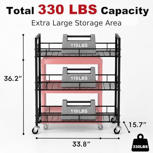 34" Extra-Wide Heavy-Duty 3-Tier Metal Utility Cart on Wheels for Warehouse - color: Premium Black