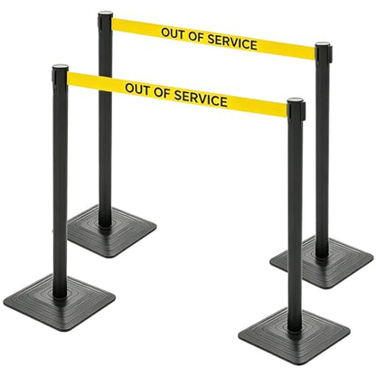 4 Pack Crowd Control Stanchions with 10FT Retractable "Out of Service" Belt - color: OUT OF SERVICE BELT