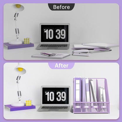 SUPEASY Magazine File Holder Desk Organizer, Metal Binder Holder with 4 Vertical Compartments for Office Home School, Purple - color: Purple