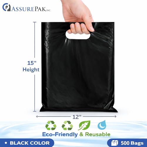 ASSUREPAK Black LDPE Die Cut Bags, 12" x 15", 1.5 Mil, 500 Count