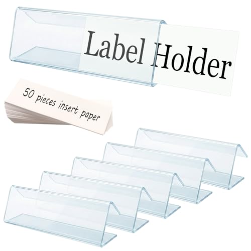 Shelf Label Holder, ELEMGULY 50 Pack Wood Shelf Label Holders Plastic Shelf Label Clip Clear Shelf Sign with 50 Pack Label Inserts for Home Office Library Shelves