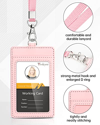 Teskyer Leather ID Badge Holder with Lanyard, Vertical Starry Pink - color: Starry Pink, size: Vertical