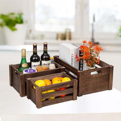 Set of 3 Nesting Wooden Crates, Small Rustic Farmhouse Wood Storage Boxes with Handles, Stackable Compact Organizer Bins for Kitchen Bathroom Bedroom Decor, 3 Sizes (Retro Brown)