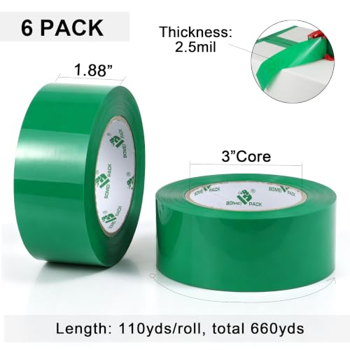 BOMEI PACK Green Heavy Duty Packing Tape with Red Dispenser, 1.88 inch x 110Y, 6 Rolls | Total 660Y, 2.52 mil, Ultra Strong, Refill for Packaging and Shipping - color: Green