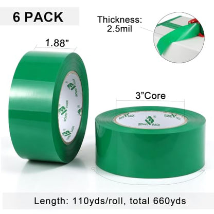BOMEI PACK Green Heavy Duty Packing Tape with Red Dispenser, 1.88 inch x 110Y, 6 Rolls | Total 660Y, 2.52 mil, Ultra Strong, Refill for Packaging and Shipping - color: Green