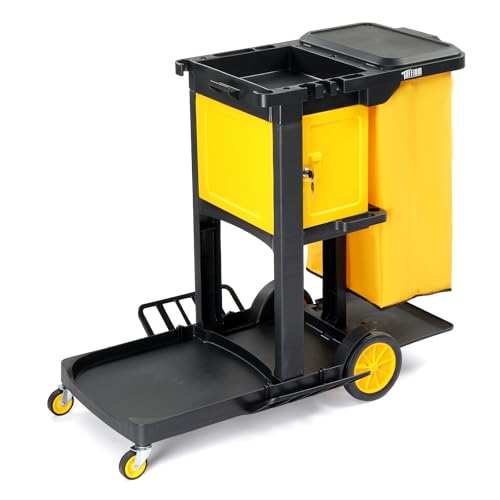 TUFFIOM Janitorial Cart with Key-Locking Cabinet, 3-Shelf Commercial Cleaning Cart, Housekeeping Caddy with Locker,Wheeled with Yellow Vinyl Bag, Black, Great for Hotel, Stores, Schools, and Business - color: Black