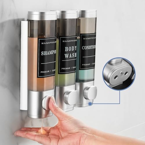 Shower Soap Dispenser Wall Mounted No Drill Shampoo Dispenser for Shower Wall Shampoo and Conditioner Dispenser Bathroom Hotel 3 * 350ml with Waterproof Labels Silver - color: Silver