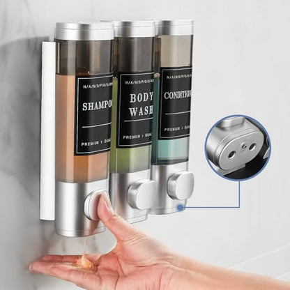 Shower Soap Dispenser Wall Mounted No Drill Shampoo Dispenser for Shower Wall Shampoo and Conditioner Dispenser Bathroom Hotel 3 * 350ml with Waterproof Labels Silver - color: Silver