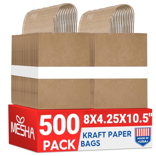 MESHA Brown Paper Kraft Gift Bags with Handles 8x4.25x10.5 Inch 500 Pack - color: Brown 8x4.25x10.5 Inch, size: 8x4.25x10.5 Inch (Pack of 500)
