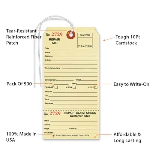 SmartSign Pack of 500 Sequentially Numbered Repair Tags with Attached String | 3.125" x 6.25" Manila Cardstock