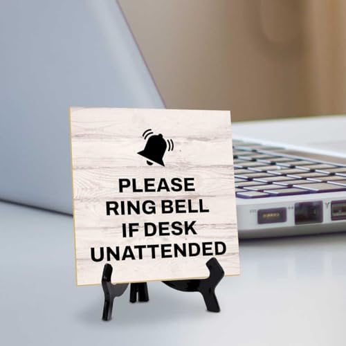 Please Ring Bell If Desk Unattended 5"x 5" Square Table Sign With Acrylic Easel | General Office Notices & Business Table Signs - color: Please Ring Bell