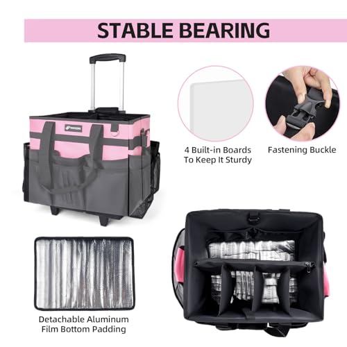 Large Rolling Cleaning Caddy Bag with Wheels, with Detachable Trolley, Cleaning Bags on Wheels for Housekeepers, Cleaning Cart Supplies Organizer for Home, Car, Picnic (Pink) - color: Pink