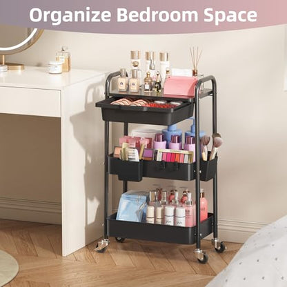 KINGRACK 3 Tier Metal Rolling Cart with Drawer, Black Utility Storage Cart - color: Black