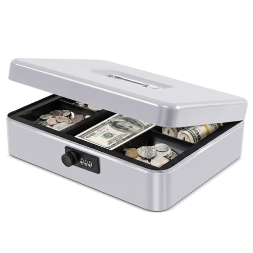 Flexzion Metal Cash Box with Combination Lock - 5-Compartment Petty Cash Box with Money Tray and Lock for Small Business - Removable Money Tray for Bills, Checks & Coins, 11.8"x 9.4"x 3.5", Gray - color: Gray