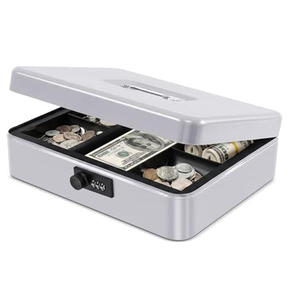 Flexzion Metal Cash Box with Combination Lock - 5-Compartment Petty Cash Box with Money Tray and Lock for Small Business - Removable Money Tray for Bills, Checks & Coins, 11.8"x 9.4"x 3.5", Gray - color: Gray