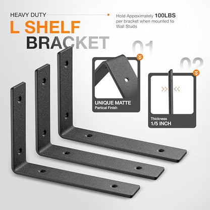 BATODA 8" Heavy Duty Shelf Brackets for Floating Shelves,Pack 6 Black Steel - size: 8 Inch
